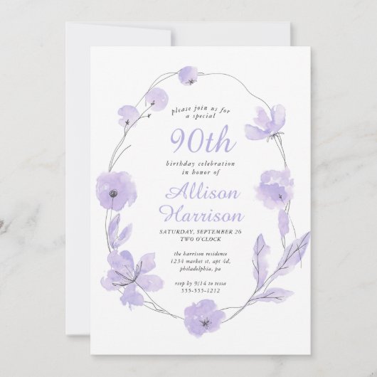 フローラウォーターカラーラベンダー90th誕生日パーティー 招待状 (正面)