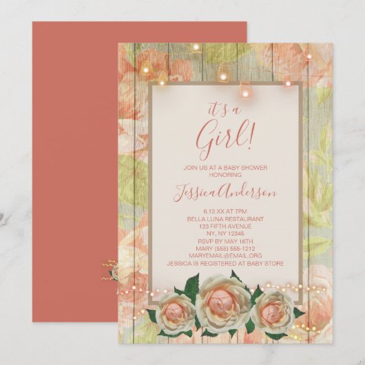 フローラウッドバラメイスンジャイルライトベビーシャワー 招待状 (正面/裏面)