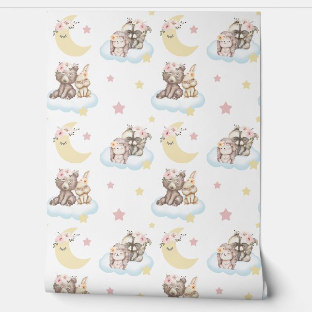 フローラウッドランドアニマルズクラウドスターズムーン子供部屋 壁紙 (ほどく)