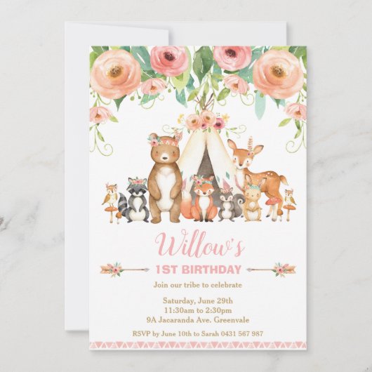 フローラウッドランドアニマルズフォレスト第1バースデーガール 招待状 (正面)