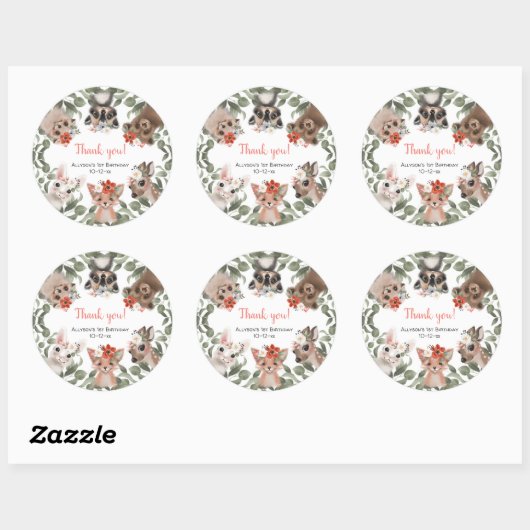 フローラウッドランド動物の森の少女の誕生日パーティー ラウンドシール (シート)