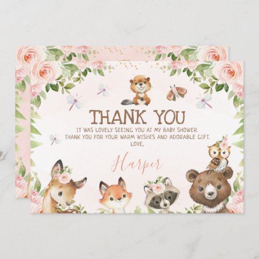 フローラウッドランド動物赤ちゃんシャワーサンキューカード 招待状 (正面/裏面)