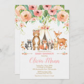 フローラウッドランド動物赤ちゃんシャワー森林少女 招待状 (正面/裏面)