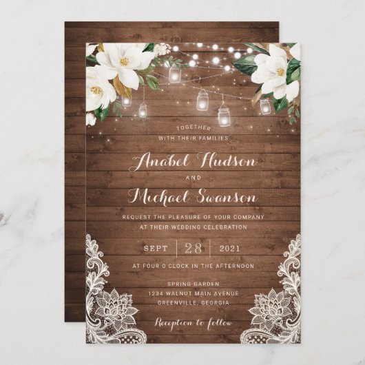 フローラウッ素朴ドストリングライトレースメイソンジャーズ 招待状 (正面/裏面)