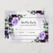 フローラエアリーパープルとシルバーウェディングRSVPカード 出欠カード (正面/裏面)