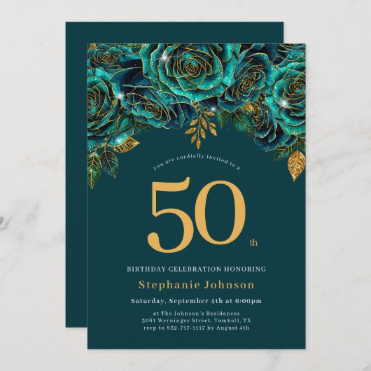 フローラエメラルドグリーンと金ゴールド50誕生日 招待状 (正面/裏面)