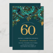 フローラエメラルドグリーンと金ゴールド60誕生日 招待状 (正面/裏面)