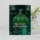 フローラエメラルドグリーンドレス誕生日キンセアニェラ 箔招待状 (立ち正面)