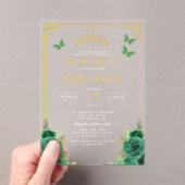 フローラエメラルドグリーン金ゴールドバタフライキンセアニェラ アクリル招待状 (インサイチュ (ポータブル))