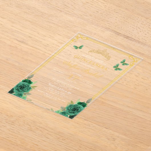 フローラエメラルドグリーン金ゴールドバタフライキンセアニェラ アクリル招待状 (レイダウン)