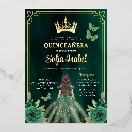 フローラエメラルドグリーン金ゴールドバタフライキンセアニェラ 箔招待状 (正面)