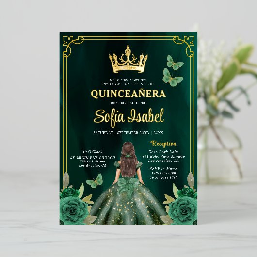 フローラエメラルドグリーン金ゴールドバタフライキンセアニェラ 箔招待状 (立ち正面)