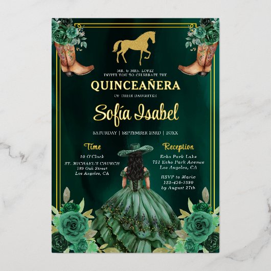 フローラエメラルドグリーン金ゴールドブーツホースキンセアニェラ 箔招待状 (正面)