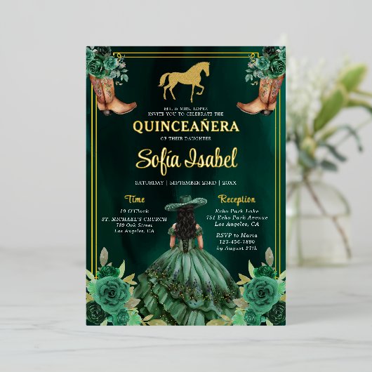 フローラエメラルドグリーン金ゴールドブーツホースキンセアニェラ 箔招待状 (立ち正面)