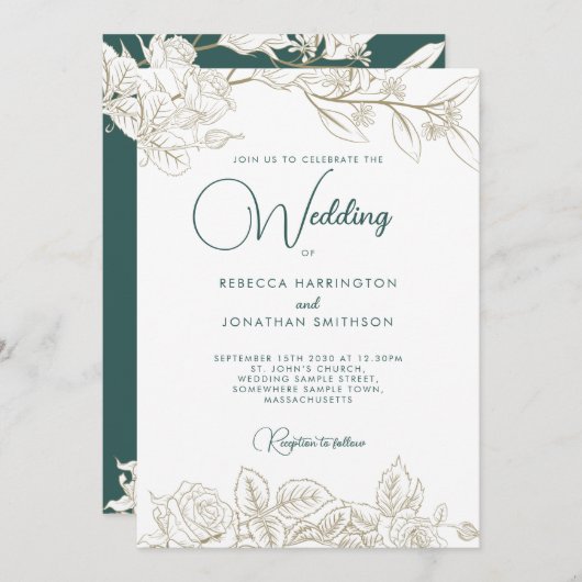 フローラエメラルドグリーン金ゴールド結婚式招待状 招待状 (正面/裏面)