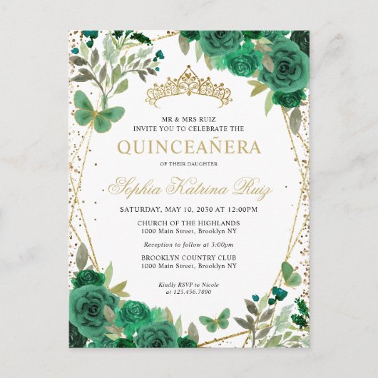 フローラエメラルドモダングリーン金ゴールドティアラキンセアニラ ポストカード (正面)