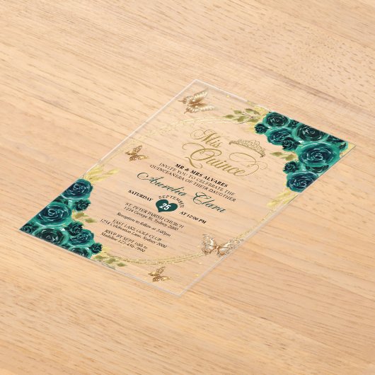 フローラエメラルド金ゴールドティアラバタフライキンセアニラ アクリル招待状 (レイダウン)