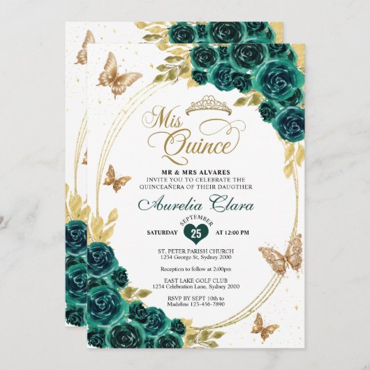 フローラエメラルド金ゴールドティアラバタフライキンセアニラ 招待状 (正面/裏面)