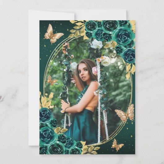 フローラエメラルド金ゴールドバタフライキンセニェラ写真 サンキューカード (裏面)