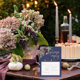 フローラエレガンスモダンネイビーバラ金ゴールドウェディングRSVP 出欠カード