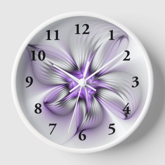 フローラエレガンスモダン抽象芸術バイオレットフラクタルアート 壁時計 (正面)