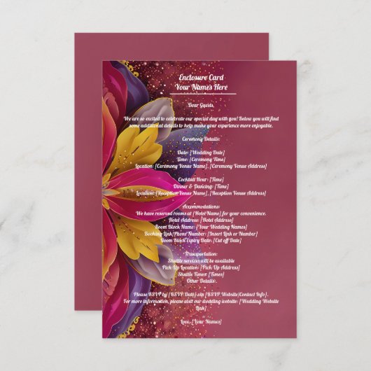 フローラエレガンス、ピンクスパークル結婚ズコレクション エンクロージャーカード (正面/裏面)