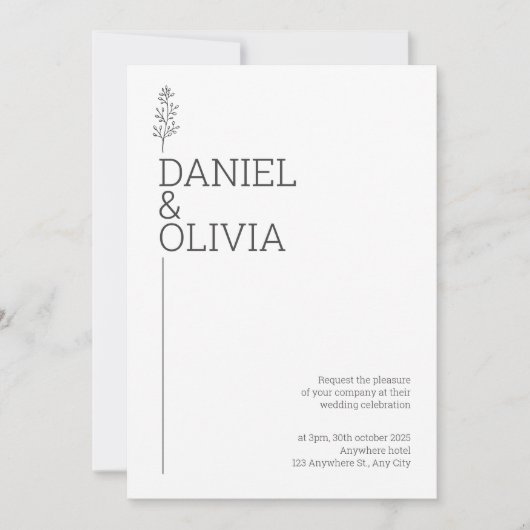 フローラエレガンス：白と黒のミニマリストウェディング 招待状 (正面)