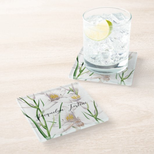 フローラエレガントかわいい書道の名前 ガラスコースター (アングル)