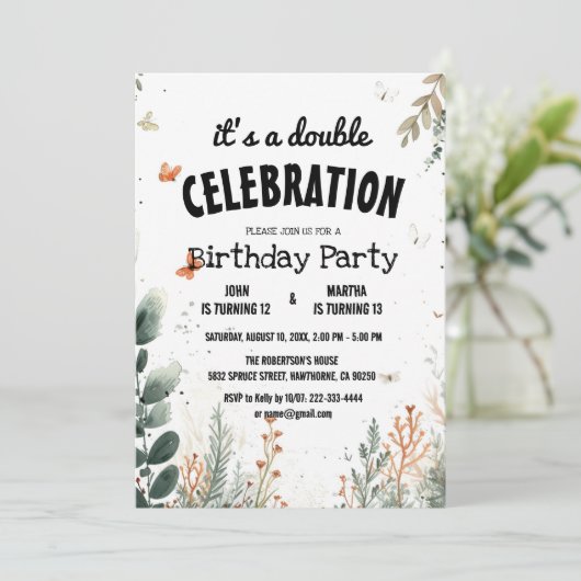 フローラエレガントと蝶の二重誕生日パーティー 招待状 (スタンド正面)