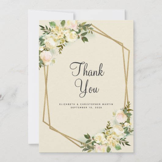 フローラエレガントなウェディング金ゴールドフレームバラ水色 サンキューカード (正面)