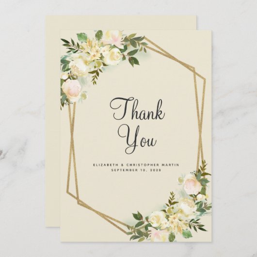 フローラエレガントなウェディング金ゴールドフレームバラ水色 サンキューカード (正面/裏面)