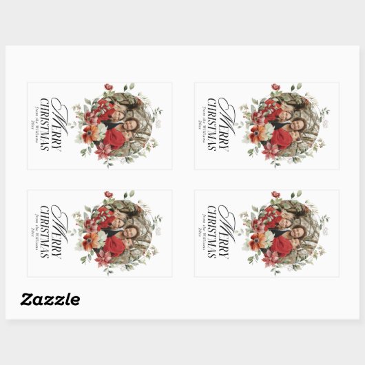 フローラエレガントの水彩メリークリスマスフォト 長方形シール (シート)