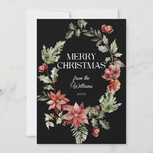 フローラエレガントの水色ブラックメリークリスマス シーズンカード (正面)