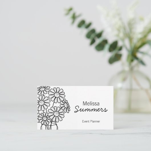 フローラエレガントの白いデイジーをメイソンの瓶に入れる 名刺 (スタンド正面)