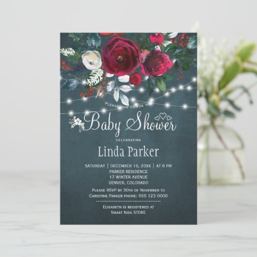 フローラエレガントの素朴なブルゴーニュ海軍の赤ちゃんシャワー 招待状 (スタンド正面)