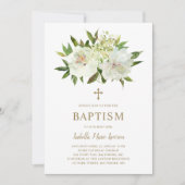 フローラエレガントアイボリー金ゴールドクロスベビーガールバプテスマ 招待状 (正面)