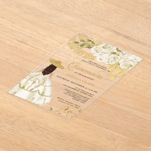 フローラエレガントアイボリー金ゴールドチャラキンセニェラ アクリル招待状 (レイダウン)