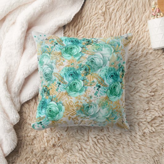 フローラエレガントアクア金ゴールドハンプトン海岸 クッション (ブランケット)