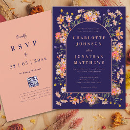 フローラエレガントアーチネイビーテラコッタ秋の結婚式 招待状