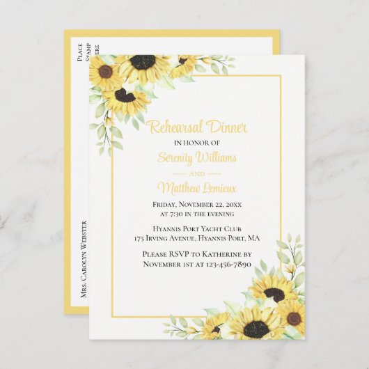 フローラエレガントイエローサンフラワーリハーサルディナー インビテーションポストカード (正面/裏面)