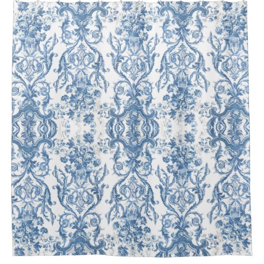 フローラエレガントイングリッシュカントリーコテージブルーホワイト シャワーカーテン (正面)