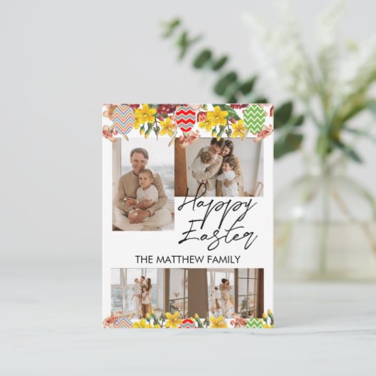 フローラエレガントイースター、家族4枚の写真コラージュ シーズンポストカード (スタンド正面)