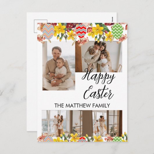 フローラエレガントイースター、家族4枚の写真コラージュ シーズンポストカード (正面/裏面)