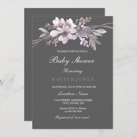 フローラエレガントウィンターグレーベビーシャワー招待状 招待状 (正面/裏面)