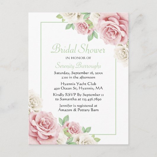 フローラエレガントウォーター色ピンクローズブライダルシャワー インビテーションポストカード (正面)
