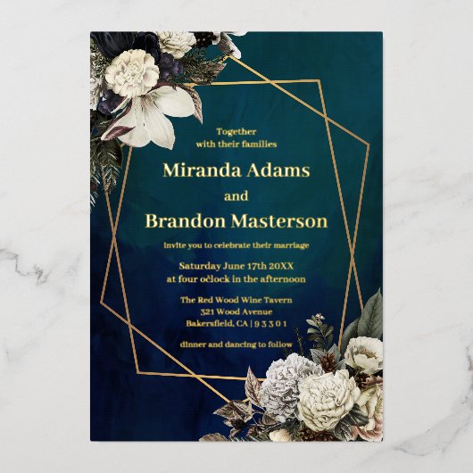 フローラエレガントエメラルドグリーンと金ゴールド結婚ズ 箔招待状 (正面)