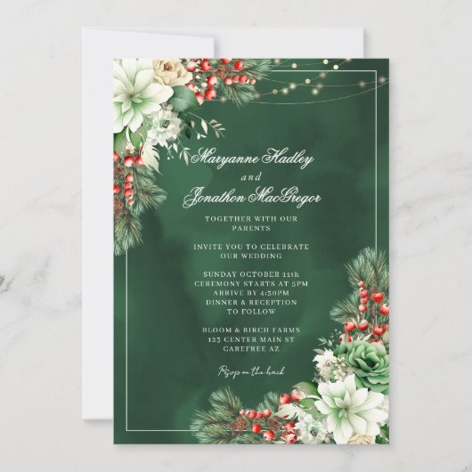 フローラエレガントエメラルドグリーン冬の結婚式 招待状 (正面)