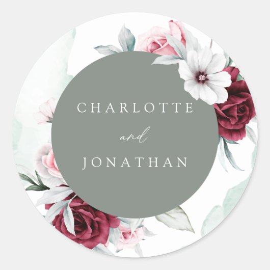 フローラエレガントエメラルドグリーン&ブルゴーニュ結婚ーズ ラウンドシール (正面)