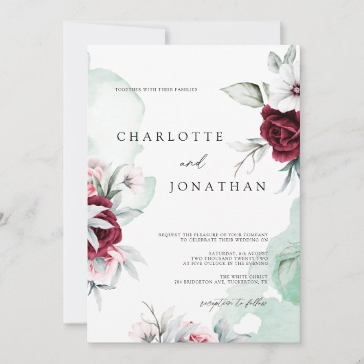 フローラエレガントエメラルドグリーン&ブルゴーニュ結婚ーズ 招待状 (正面)