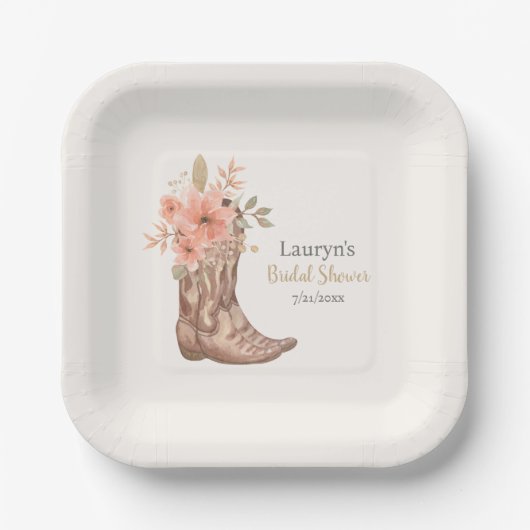 フローラエレガントカウボーイブーツ女性のカーボーイブライダルシャワー ペーパープレート (正面)